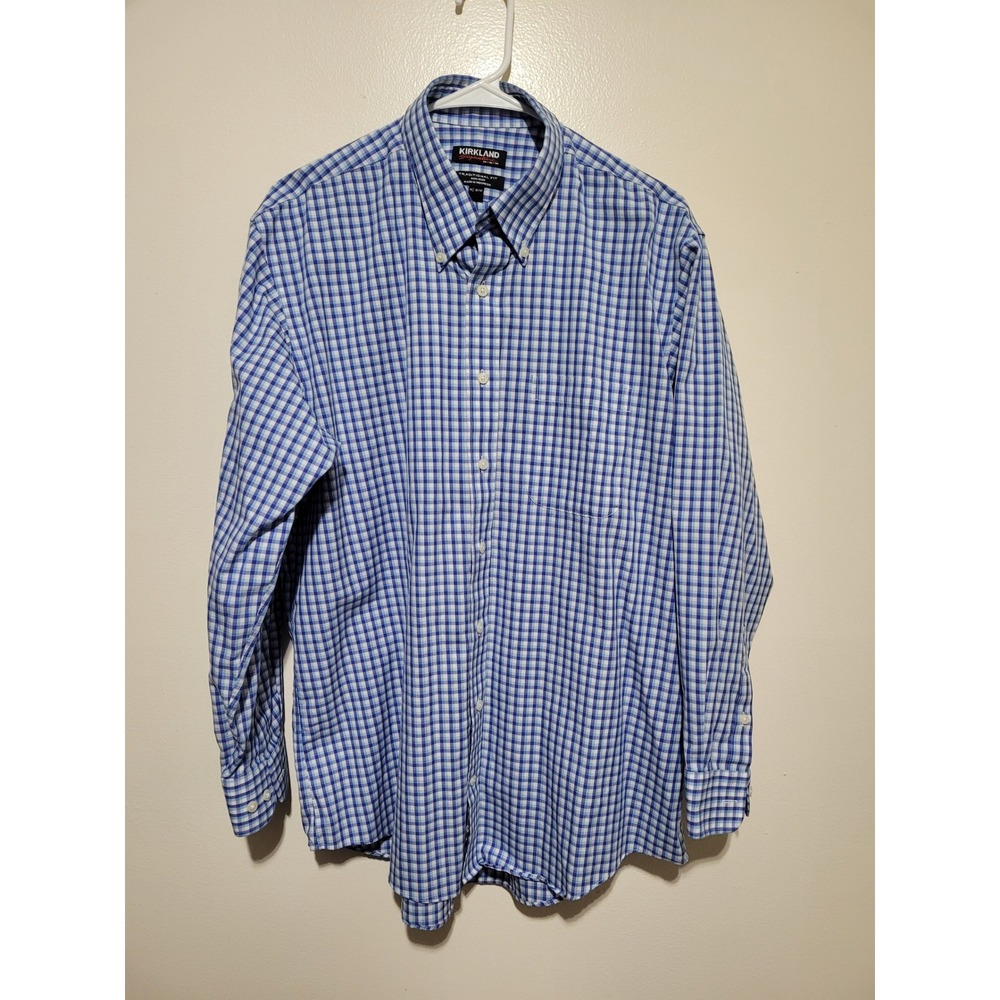 Kirkland Signature Button Down‎ Mens 16.5 32/33 Blue Gingham Non-Iron